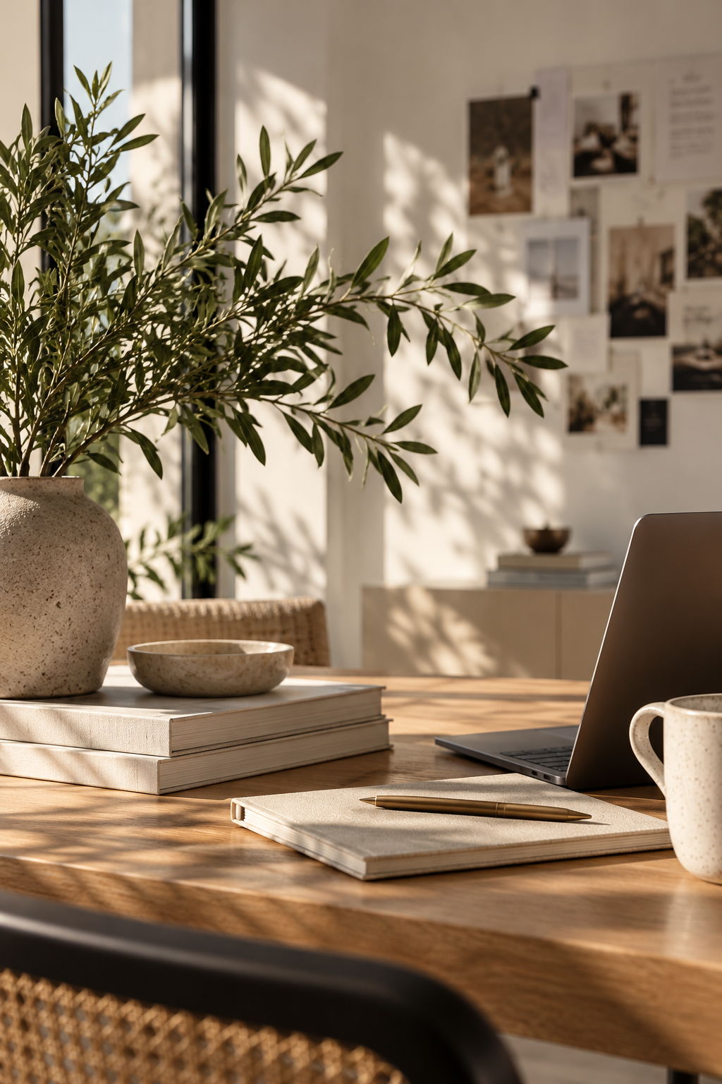 Sunlit minimalist workspace with a desk and chair