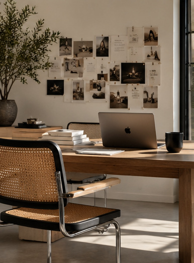 Sunlit design studio with a desk, notebook and inspiration wall